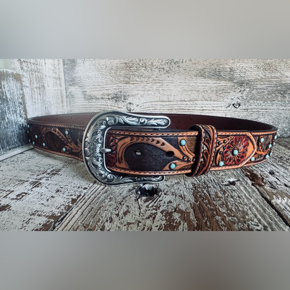 Ariat Red Flower Hair-on Cowhide Leather  Women’s Belt with Silver Buckle